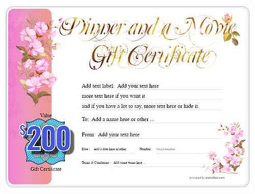 dinner and a movie gift certificate style8 pink template image-149 downloadable and printable with editable fields