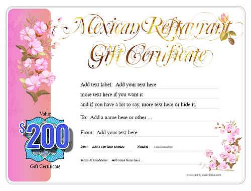 mexican restaurant gift certificates style8 pink template image-44 downloadable and printable with editable fields