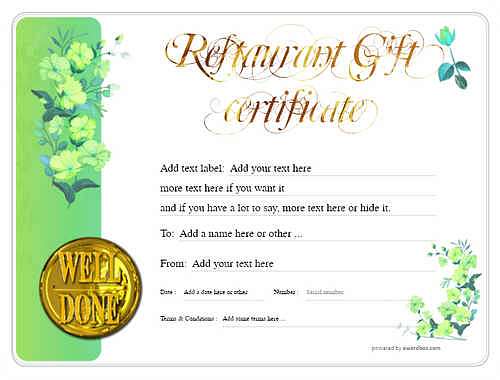 restaurant  gift certificate style8 green template image-19 downloadable and printable with editable fields