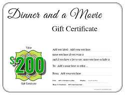 Dinner and a Movie Gift certificate templates
