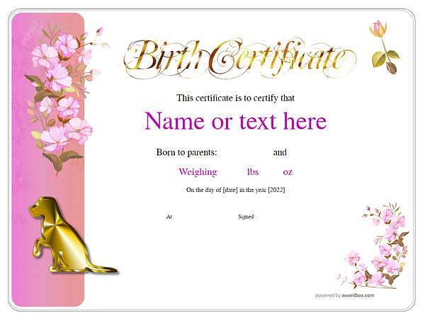  pink flower design birth certificate gold dog decoration