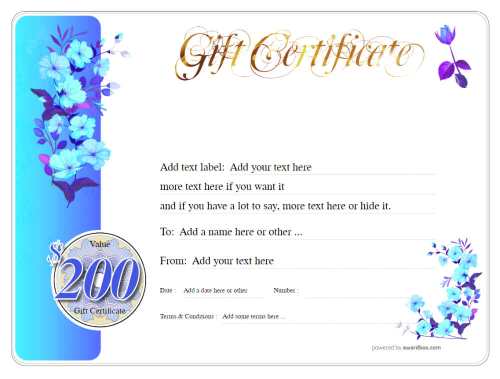 blue floral cash gift certificate template, customizable for home and commercial use, fee to donwload and print