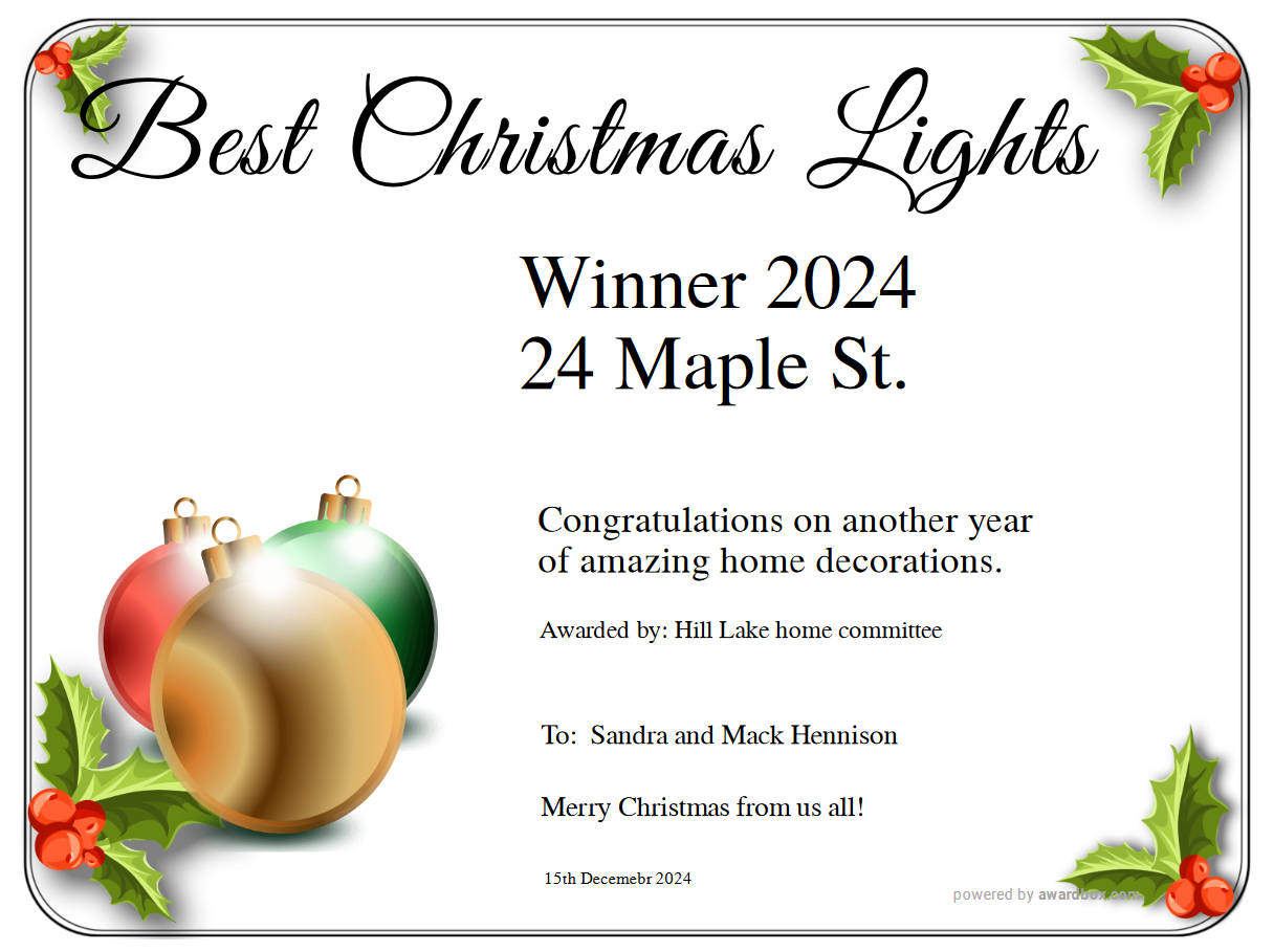 Printable, Best Holiday Lights Display Award Certificate for recognizing outstanding Christmas light decorations in U.S. neighborhoods.