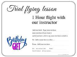 birthday flying lesson gift certificate for free template editing and downloading with swapable badges on simple white background