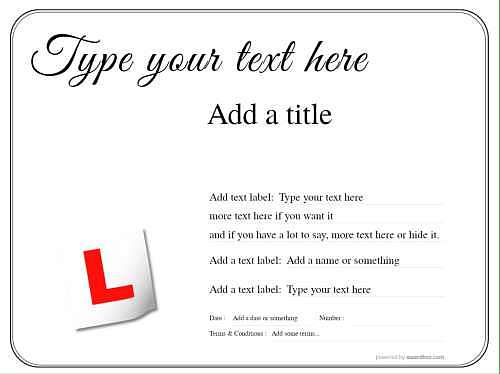 simple design driving lesson gift certificate with L-plate decoration. fully editable free template, downloadable, printable