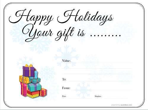 snowflake and christmas parcel design template for free gift certificate for fun and family home printing add a photo