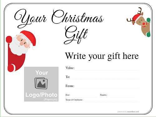 customizable christmas gift voucher with fun santa and reindeer with logo and free to print or download