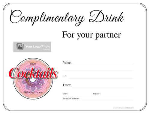 restaurtant gift coupon printable free template with red cocktail decoration on white background and simple line border