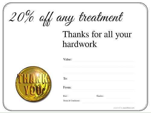free discount spa treatment coupon template, fully editable for printing at home or professionally. Has simple line border