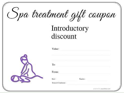 spa treatment discount gift coupon template for free editing and print with simple white background and black line border