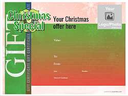 free christmas gift certificate design with logo for business, customizable template green and red vignette design with snowflakes