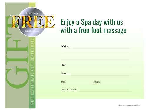 foot massage spa gift certificate template design on green graduated background for print or social media as a download