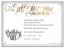 editable script gold lettering for any birthday gift message on traditional border design, free template for printing