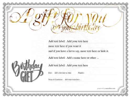 editable script gold lettering for any birthday gift message on traditional border design, free template for printing