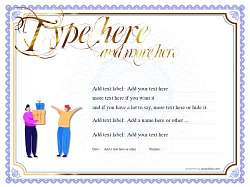 fully editable birthday gift certificate for printing. Show stylised image of couple sharing presents