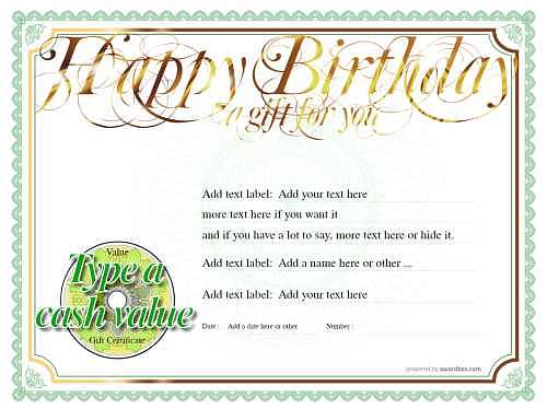 happy birthday free gift certificate template on gold and green design with fully editable text and editable cash value for print