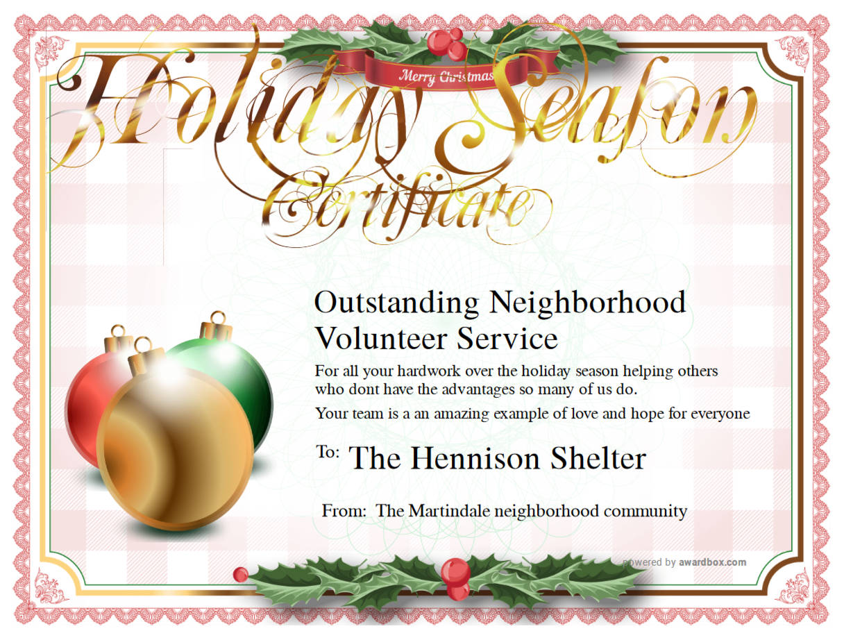 Editable Outstanding Volunteer Service Certificate for recognizing holiday season contributions in U.S. community organizations.