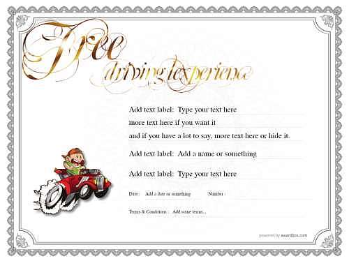 classic style gift certificate template with gold script editable text and driving lesson images, for free print and download
