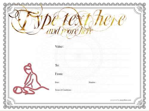 fully editable free spa gift template with massage image on white background with traditional certificate border for print