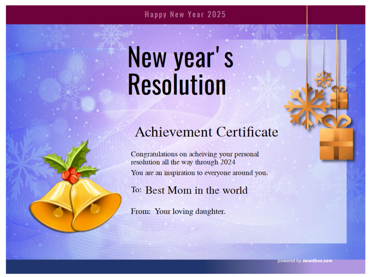 Customizable New Years Resolution Achievement Certificate for celebrating successful resolutions in the U.S. New Year with fillable text for any use.