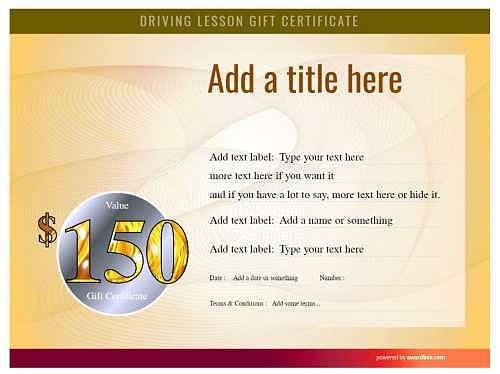 security style free gift voucher template for driving lessons with cartoon car, editable, customizeable, download and print