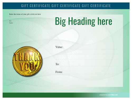 heavily colored green gift certificate customizable template design with swirling watermark and gold thank you medal