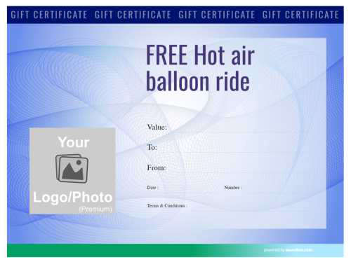 fun hot air balloon free gift certificate template with serial number and photo with a blue swirly background for printing