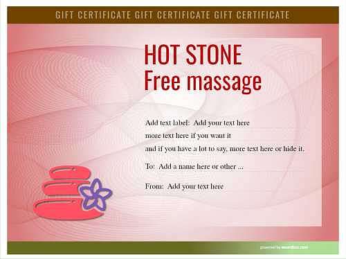 security style voucher template for free hot stone massage on red background with interchangeable decorations for print