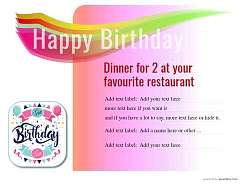 customizable dinner for two, birthday gift certificate for printing or sharing on social media with decorative images