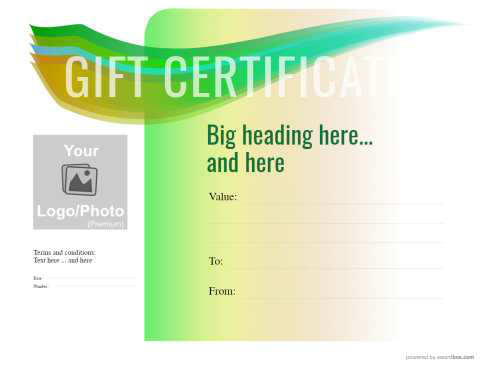 free modern style business gift certificate template on a green graduated background for printing and with logo