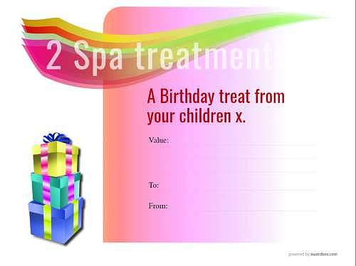 free spa treatment gift certificate with pink graduated background and gift boxes decoration for editing and printing
