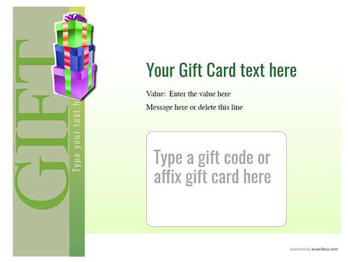 gift card holder green template with colorful box presents. Downloadable and printable with editable fields