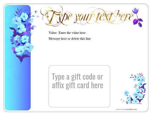 gift card holder template with blue flowers and gold lettering. Downloadable and printable with editable fields