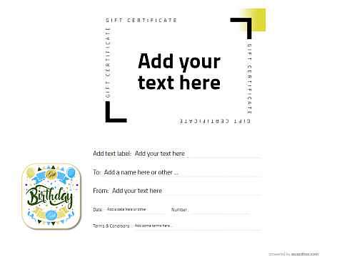 free modern design template for birthday gift certificate with optional grapch decorations for editing, download and print