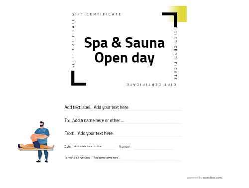spa and sauna gift certificate template customizable with editable graphics and fillable text for download or printing
