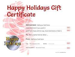 happy holidays gift certificate, customizable and printable template for printing and social media