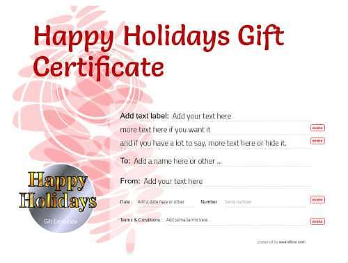 happy holidays gift certificate, customizable and printable template for printing and social media