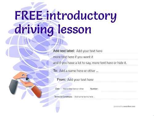 free downloadable to print driving lesson gift certificate, customizable free template with editable decorations and graphics
