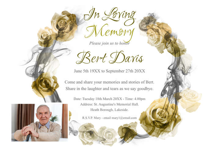 A Customizable Funeral  Invitation With Gold Roses In A Template