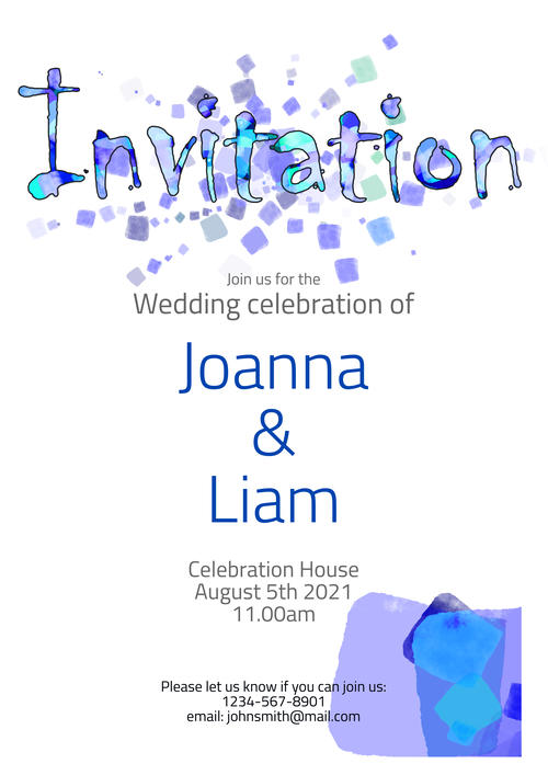 Modern Wedding Invitation Template with artistic,  Blue design. Downloadable and Printable with Editable Fields