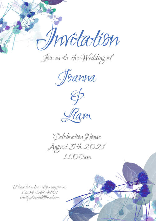 Airy Wedding Invitation Template with stylish Greenery,  Blue design. Downloadable and Printable with Editable Fields
