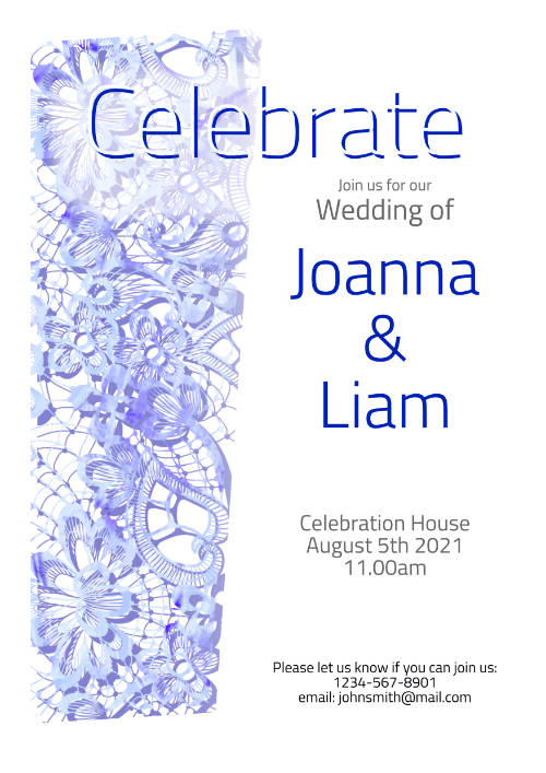 Modern Wedding Invitation Template with abstract Lace,  Blue design. Downloadable and Printable with Editable Fields