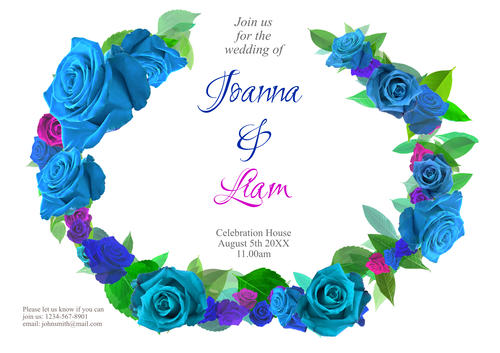 Traditional Wedding Invitation Template with garland Rose,  Blue design. Downloadable and Printable with Editable Fields