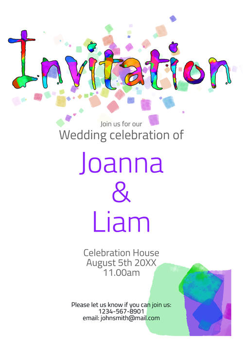 Modern Wedding Invitation Template with artistic,  Colorful design. Downloadable and Printable with Editable Fields