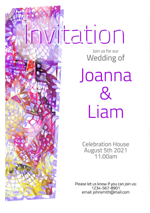 Modern Wedding Invitation Template with abstract Lace,  Colorful design. Downloadable and Printable with Editable Fields