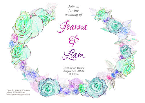 Traditional Wedding Invitation Template with garland Rose,  Colorful design. Downloadable and Printable with Editable Fields