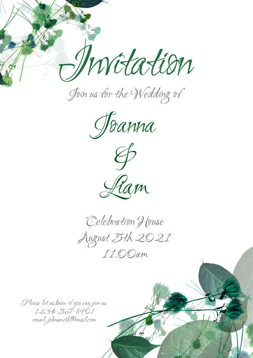 Airy Wedding Invitation Template with stylish Greenery,  Green design. Downloadable and Printable with Editable Fields