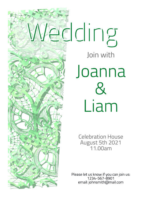 Modern Wedding Invitation Template with abstract Lace,  Green design. Downloadable and Printable with Editable Fields