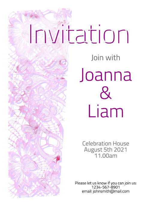 Modern Wedding Invitation Template with abstract Lace,  Pink design. Downloadable and Printable with Editable Fields
