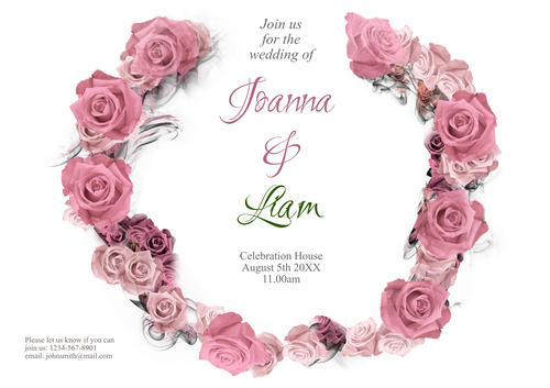 Traditional Wedding Invitation Template with garland Rose,  Pink design. Downloadable and Printable with Editable Fields